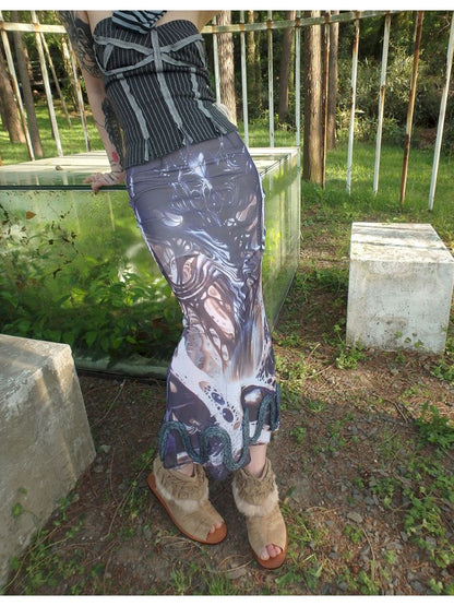 Printed Shaped Slit Mesh Half-body Dress【s0000012466】