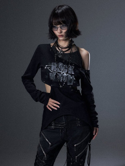 Punk Striped Halter Long-Sleeve T【s0000018003】