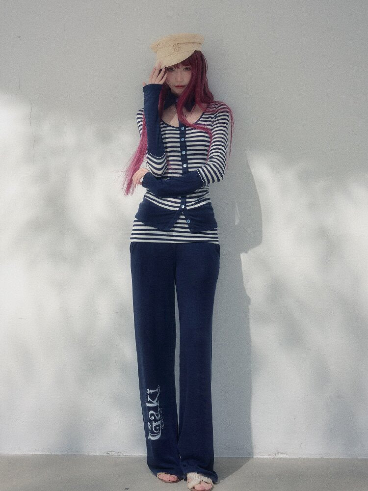 Navy Blue Wool Patchwork Pants【s0000019258】