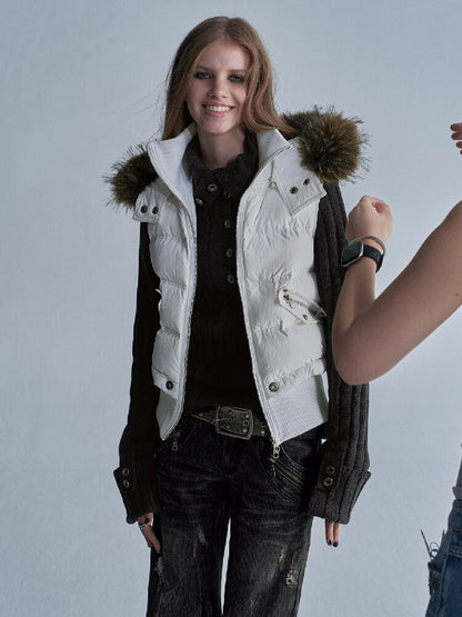 Fur Hooded White Duck Down Vest【s0000019093】