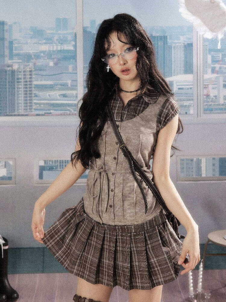 Plaid Patchwork Pleated Dress【s0000016276】