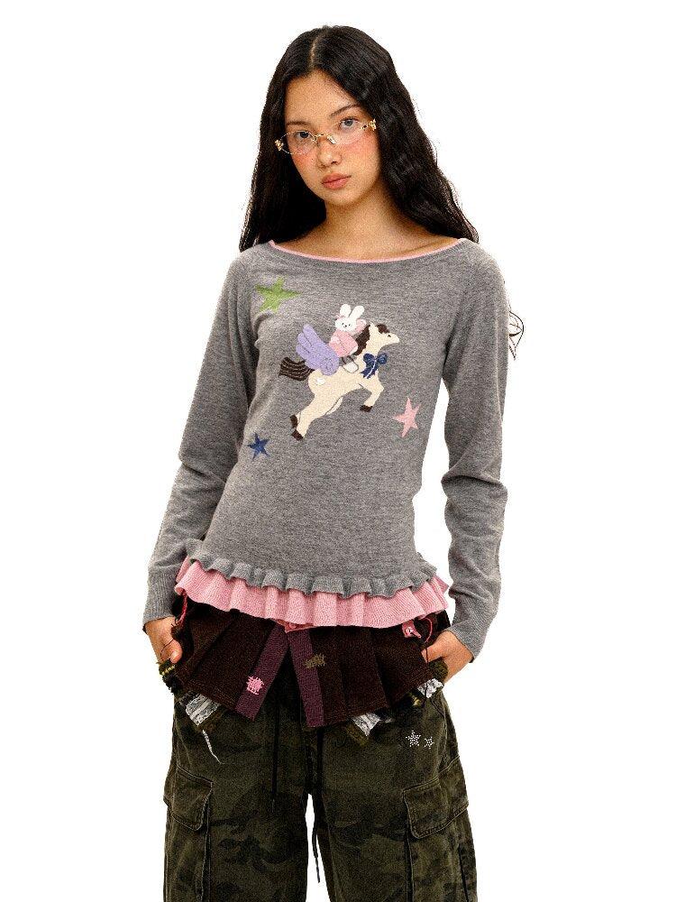 Lace Horse Rabbit Neckline Sweater【s0000016095】