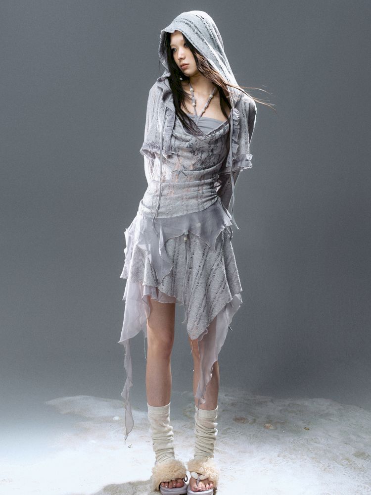 Ruffle Misty Blue Hooded Tunic【s0000012642】