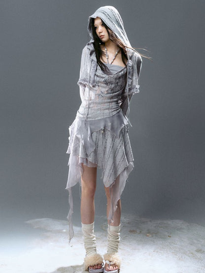 Ruffle Misty Blue Hooded Tunic【s0000012642】