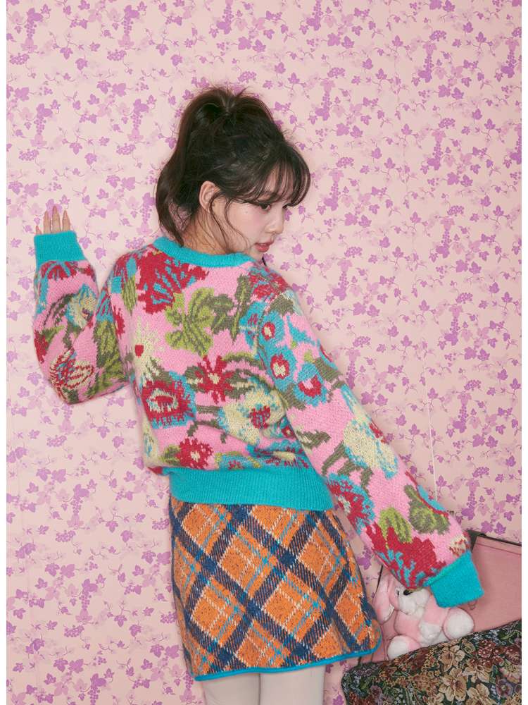 Pink Green Flower Knitted Sweater【s0000015370】