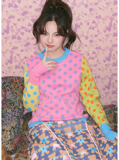 Contrasting Polka Dot Crew Neck Pullover【s0000014827】