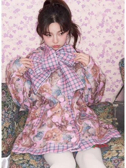 Pink Plaid Animal Padded Jacket【s0000015026】