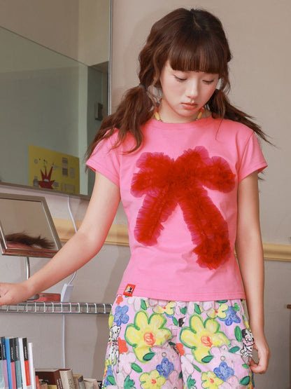 Two-tone mesh bow T-shirt【s0000012828】