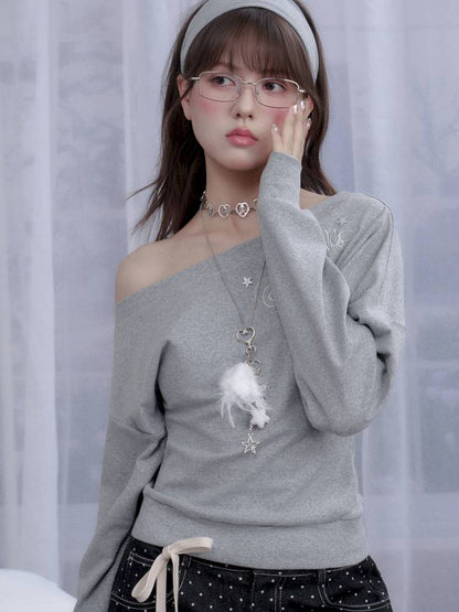 Gray slanted shoulder T-shirt【s0000014371】