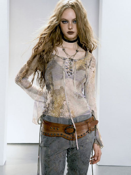 Mesh Yarn Clothes Full Print Mirad Bottom T-Shirt【s0000005146】