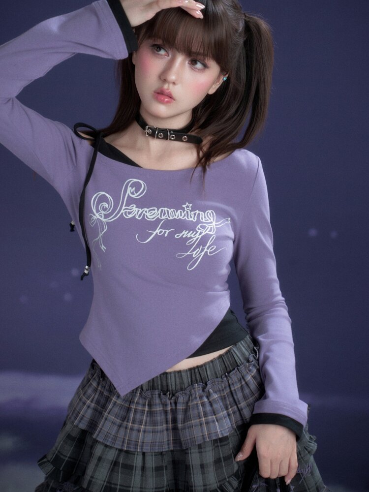 Black Purple Print Fake Two Tee【s0000015469】