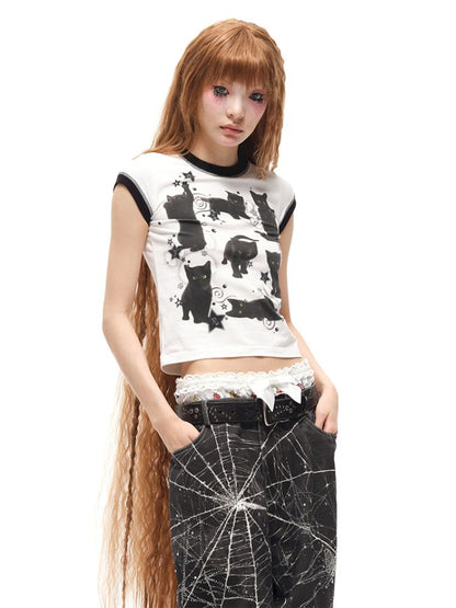 Black Cat Print Short Sleeve T-Shirt【s0000012587】