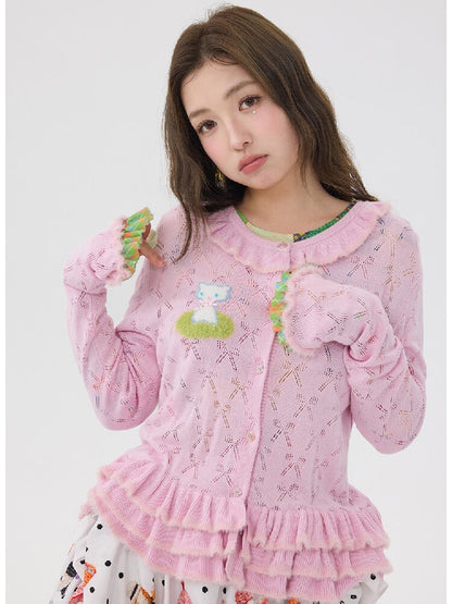 Pink Lace Bow Cut Out Knit Cardigan【s0000016196】