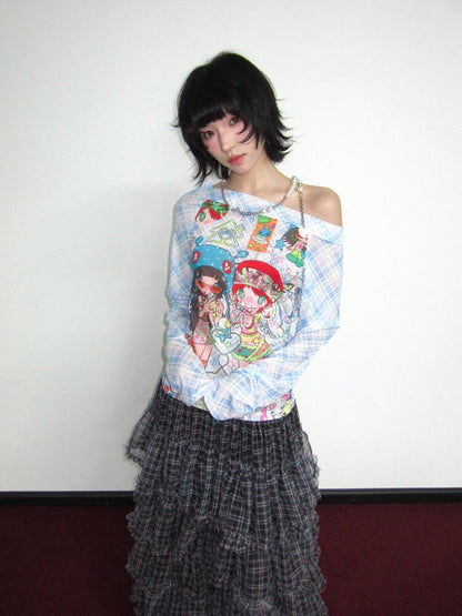 Check Stretch Mesh Long Sleeve Top【s0000018654】