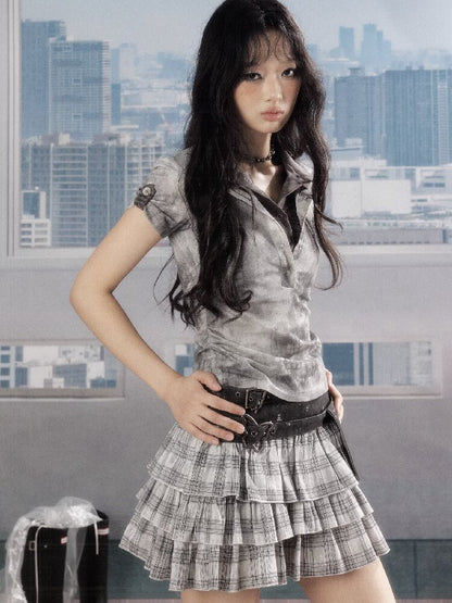 Plaid Gray High Waist Cake Skirt【s0000016528】