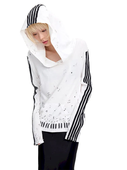 Piano Note Print Pullover Long-Sleeve Sweatshirt【s0000014100】