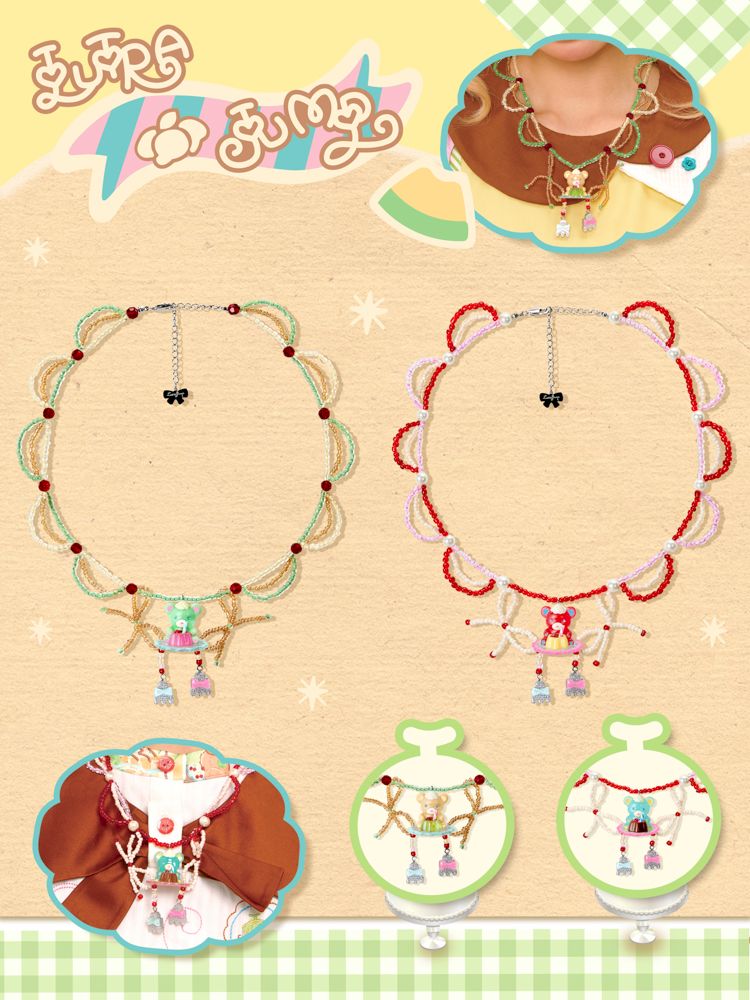 Pudding Bear Resin Beaded Creamy Necklace【s0000013355】