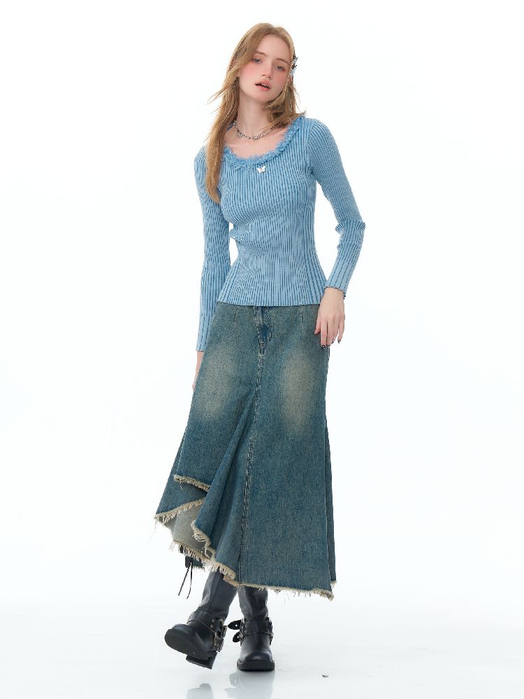 Round neck Tassel Trim Knit Bottom Shirt【s0000011502】