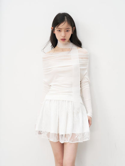 One Shoulder Top + Lace Embroidered Half Skirt【s0000011955】