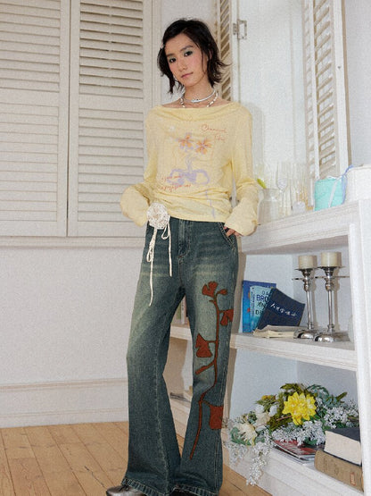 Ginkgo Embroidered Denim Bootcut【s0000016651】