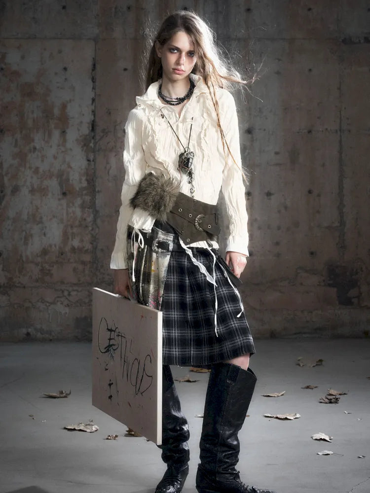 Drawstring Black-Gray Checkered Shir【s0000013959】