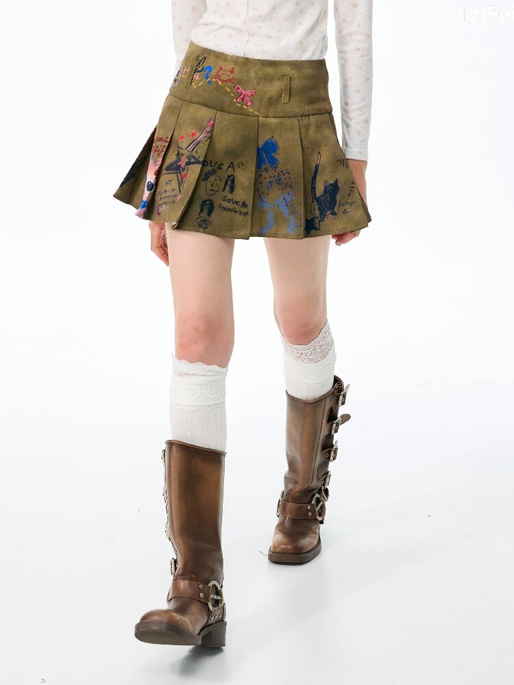 Graffiti Print Pleated Skirt【s0000017889】