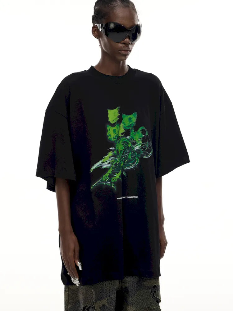 Cat Skeleton Space Capsule Print T-Shirt【s0000014017】
