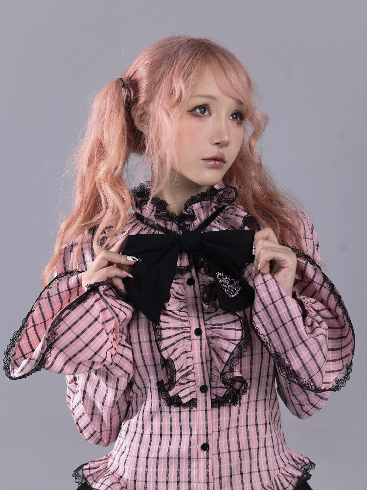 Pink Black Check Bow Flared Shirt【s0000016221】