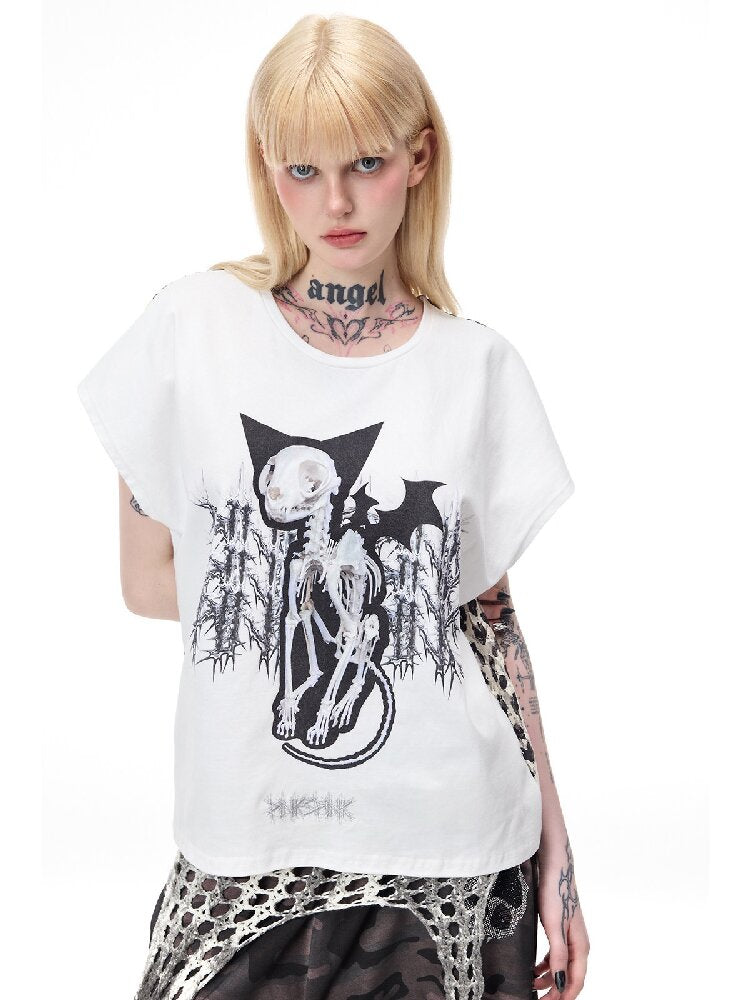 Cat Bone Print Patchwork Top【s0000017718】