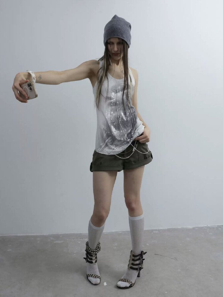 Silver Sequin Print U Neck Vest【s0000016566】