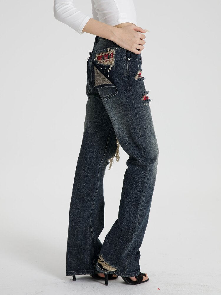 Red Plaid Patch Ripped Jeans【s0000018559】