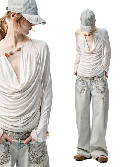Beaded Swing Neck Strapless Long Sleeve Blouse【s0000012404】
