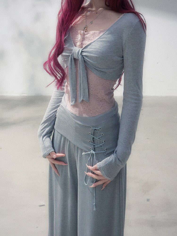 Gray Pink Patchwork Bow Strap Set【s0000019257】