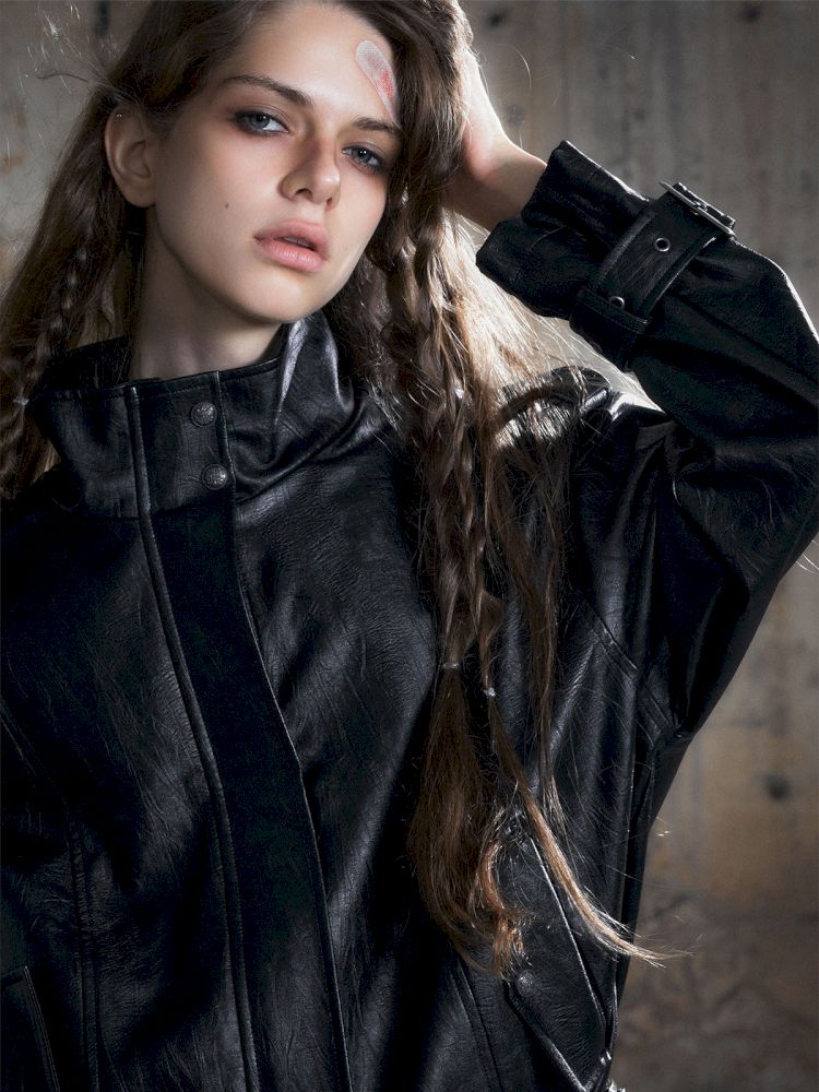 Loose black myriad leather jacket【s0000013885】 – SCULTURE