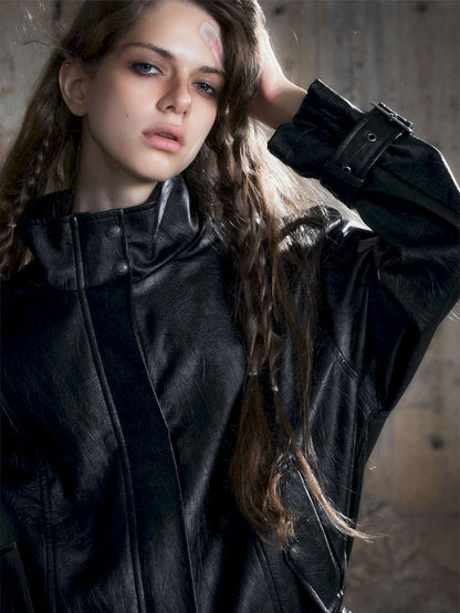 Loose black myriad leather jacket【s0000013885】