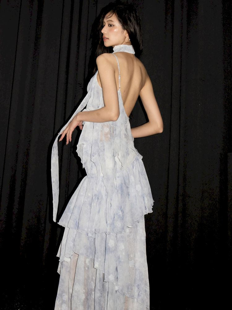 Aqua Blue Irregular Halter Dress【s0000013211】