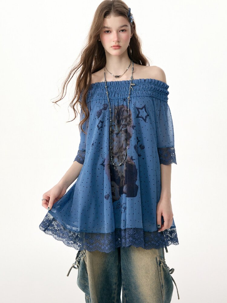 Lace Patchwork Dot Cat Print T-Shirt【s0000017306】