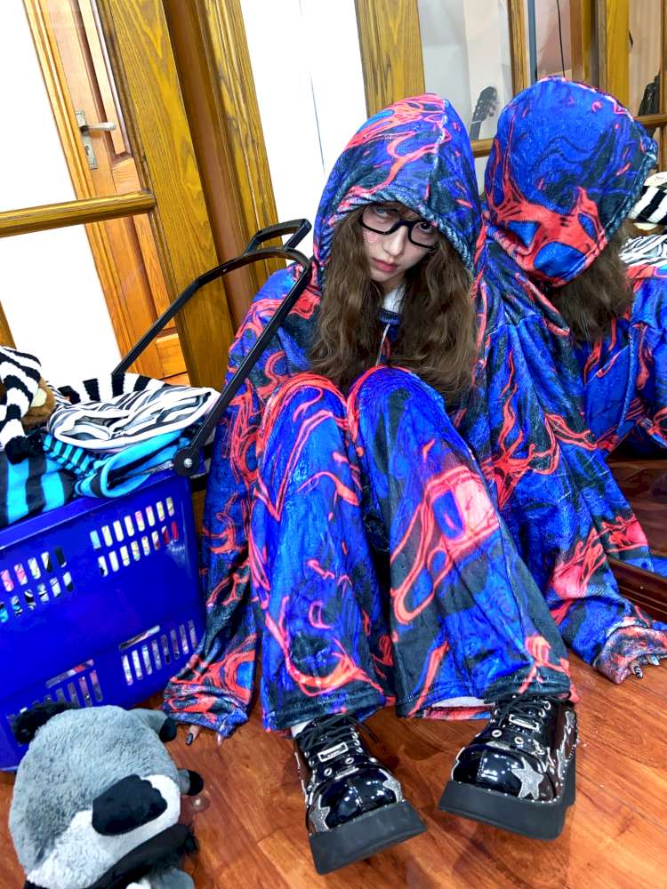 Blue Cell Plush Print Wide-Leg Pants【s0000014869】