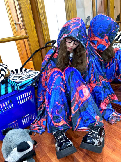 Blue Cell Plush Print Wide-Leg Pants【s0000014869】