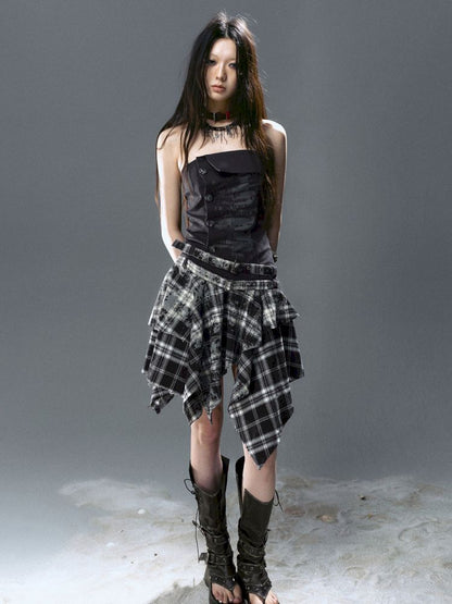 Asymmetrical patchwork plaid strapless dress【s0000012808】