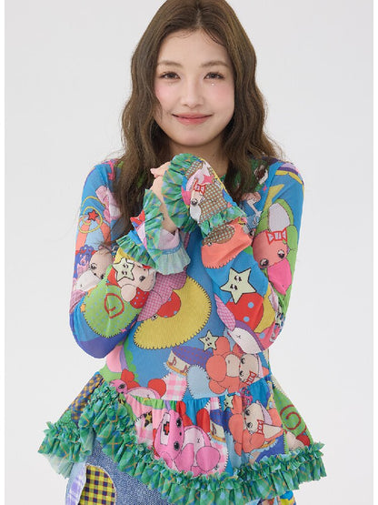 Two Color Cartoon Mesh Lace Top【s0000016197】