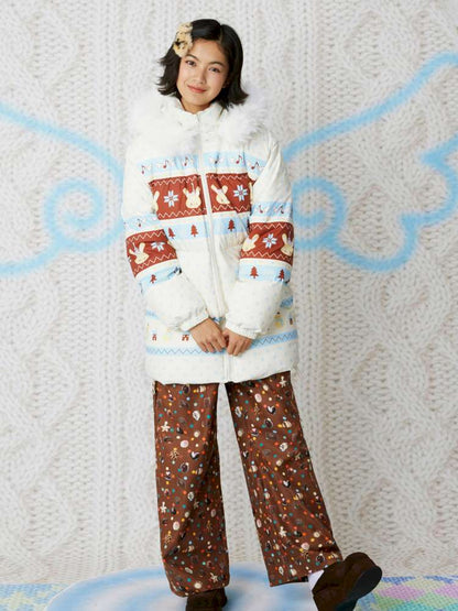Fair Isle White Hooded Print Down Jacket【s0000014858】