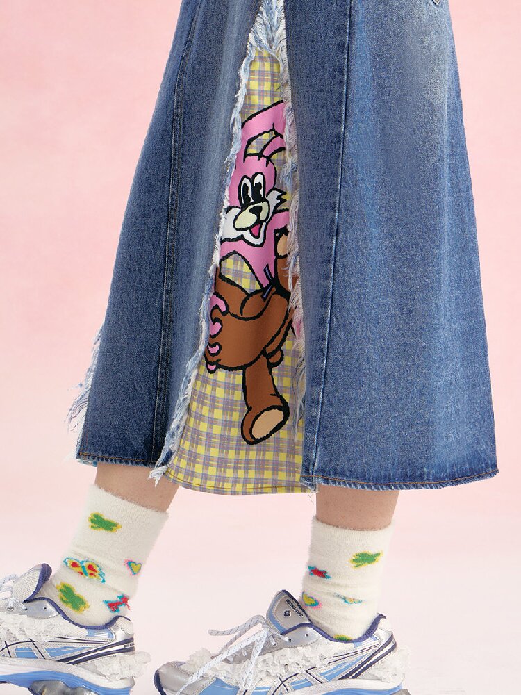 Denim Patchwork Tassel Frayed Plaid Skirt【s0000019253】