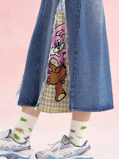 Denim Patchwork Tassel Frayed Plaid Skirt【s0000019253】