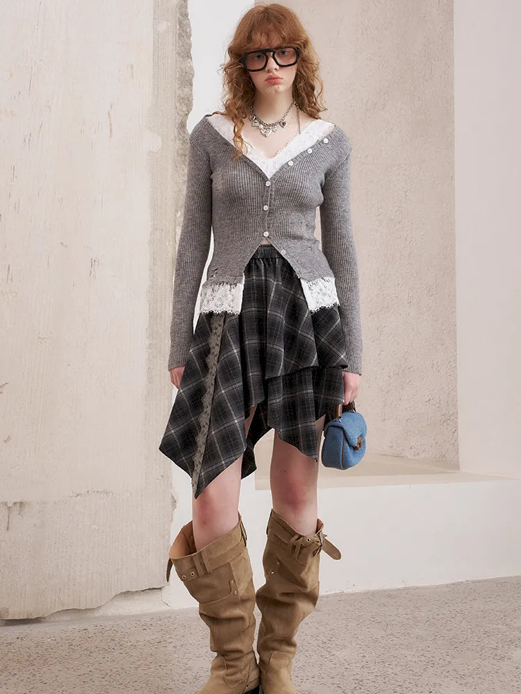 Slim-Fit V-Neck Off-Shoulder Knit Cardigan【s0000014061】