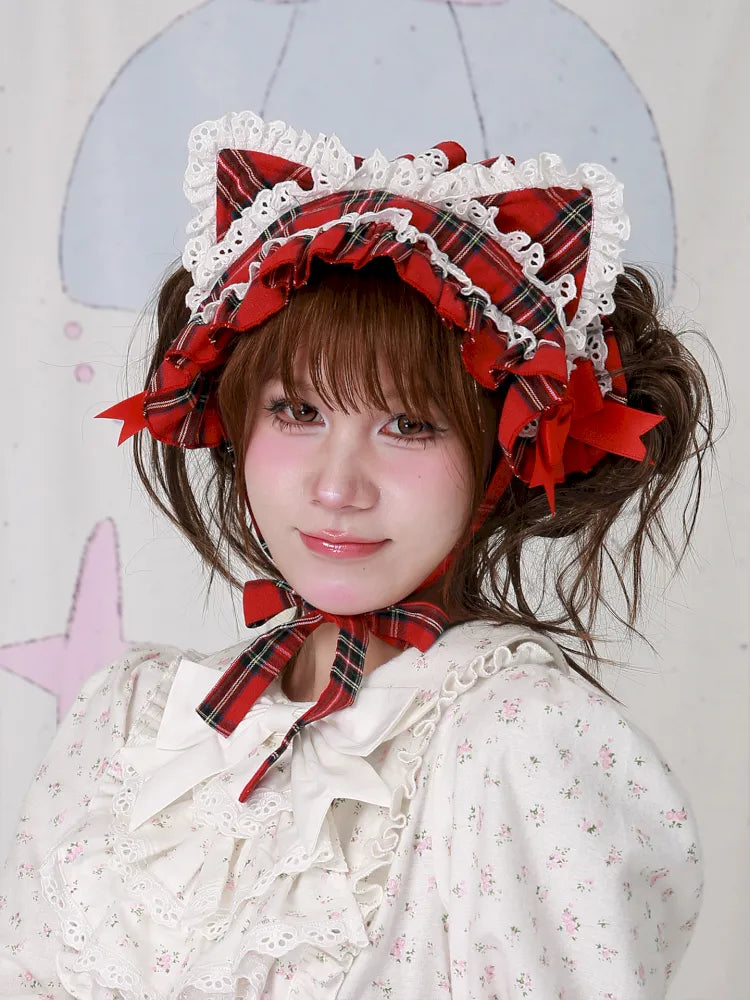 Red Plaid Cute Cat Ear Headband【s0000014106】