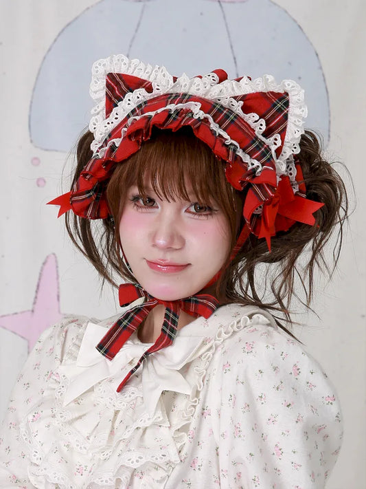 Red Plaid Cute Cat Ear Headband【s0000014106】