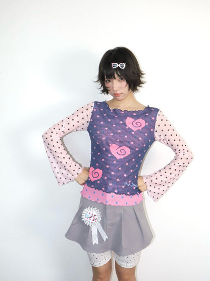 Pink Blue Mesh Flared Sleeve Top【s0000018675】