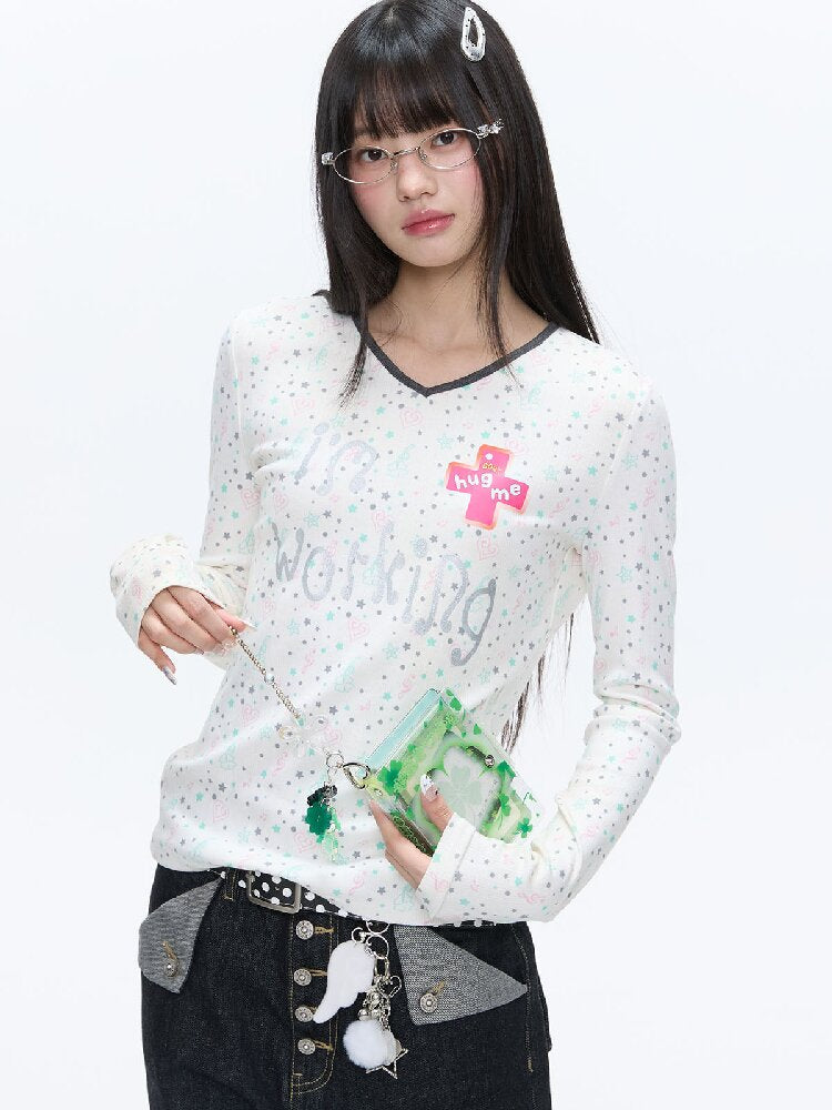 Full Print V Neck Long Sleeve Top【s0000016406】