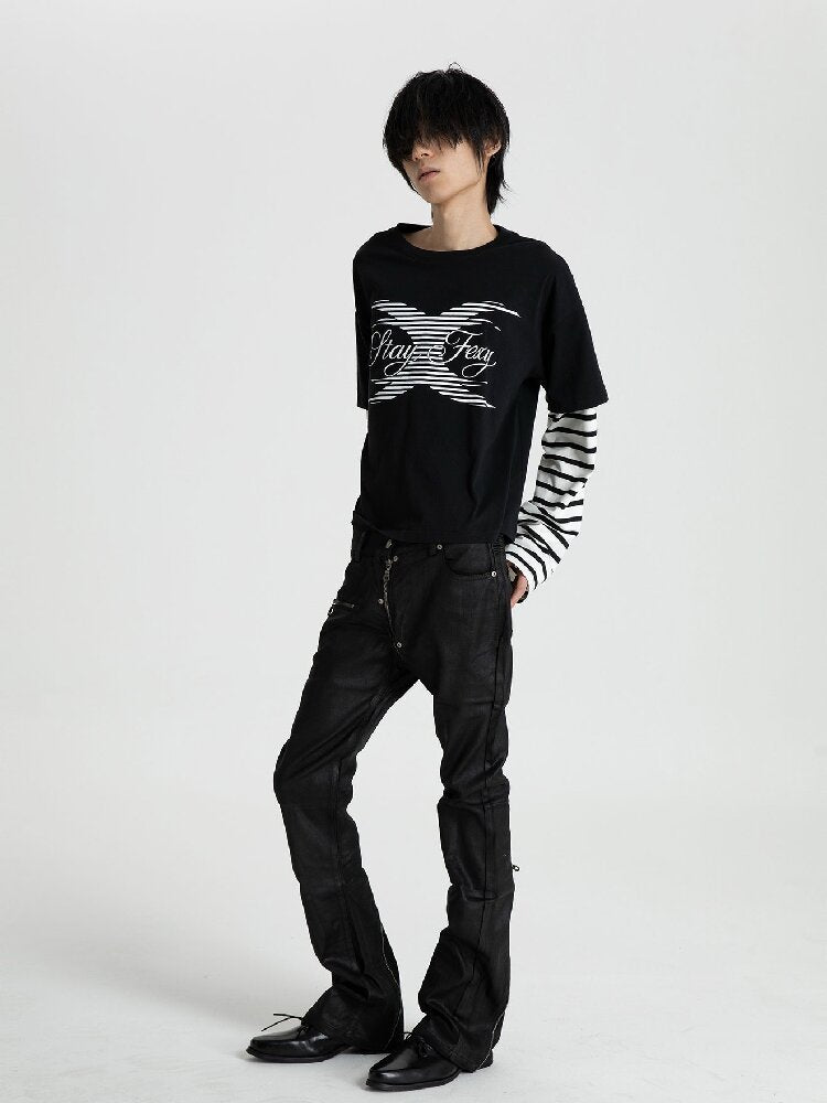 Black White Patchwork Long T-Shirt【s0000018563】